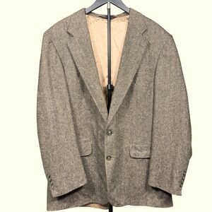 Lands End Blazer Mens 44L Brown Herringbone Wool Lambswool Sport Coat Academic